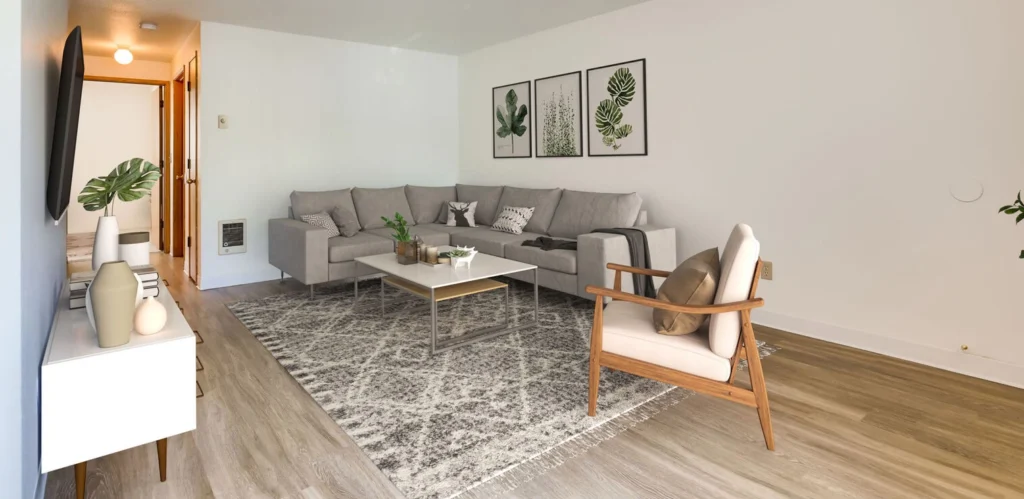Cozy living room at Village East apartments in Salem, OR