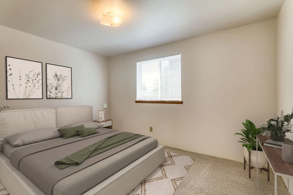 Modern bedroom at Village East Apartments low-income apartments in Salem, Oregon