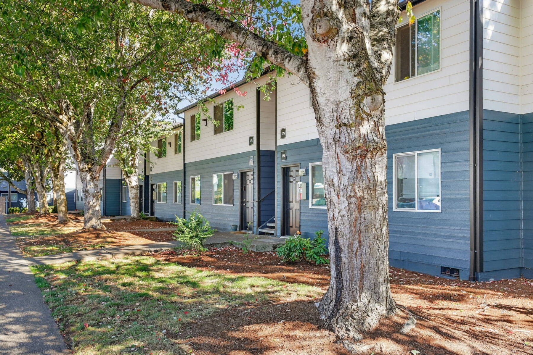 Exterior view of two story apartment building with large trees above entrance pathways
